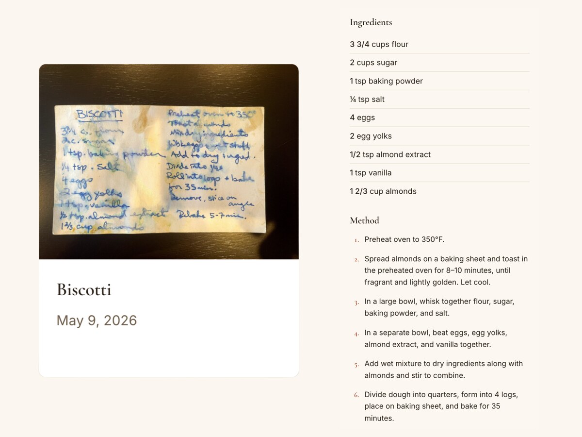 The same biscotti recipe digitized into a clean, searchable page with structured ingredients and steps
